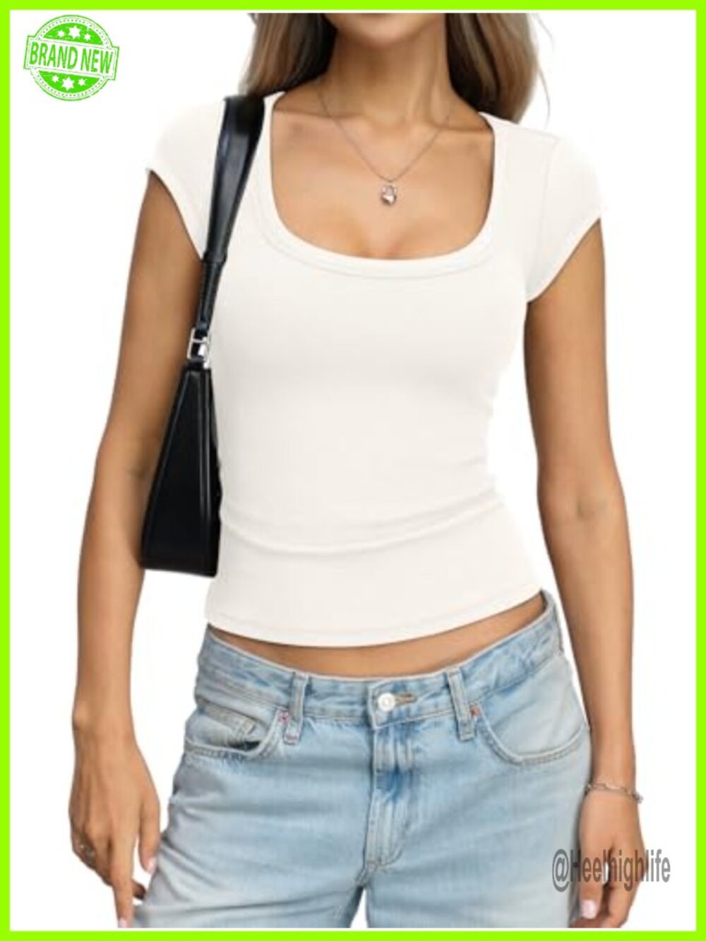 Cotton Ribbed Scoop Neck Cap Sleeve Fitted Crop Top Summer Tee